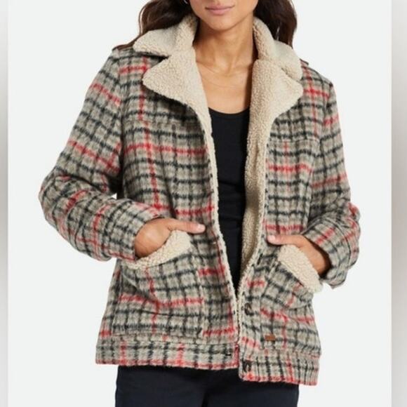 Brixton Nouvelle Plaid Sherpa Peacoat Red Black Vanilla Cozy Fall Winter Chic M - Picture 2 of 16